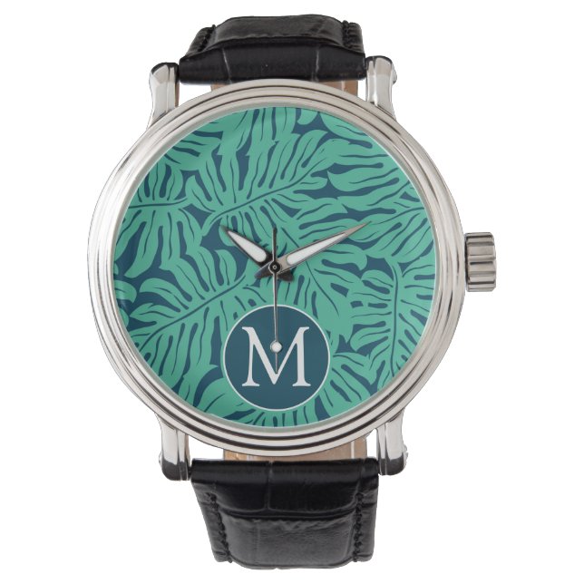 Monstera Tropical Leaf Pattern | Monogram Horloge (Voorkant)
