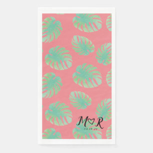 Monstera Tropical Leaf Pink Green Wedding Logo Servet