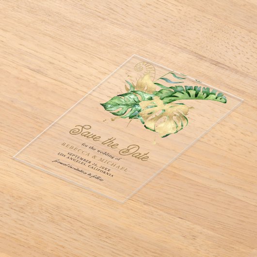 Monstera Tropical Palm Wedding Bewaar de datum Acryl Uitnodigingen (Laagn)