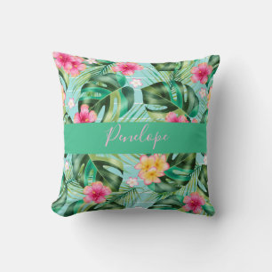 Monstera Varen Blad Roze Tropische Bloem Monogram Kussen