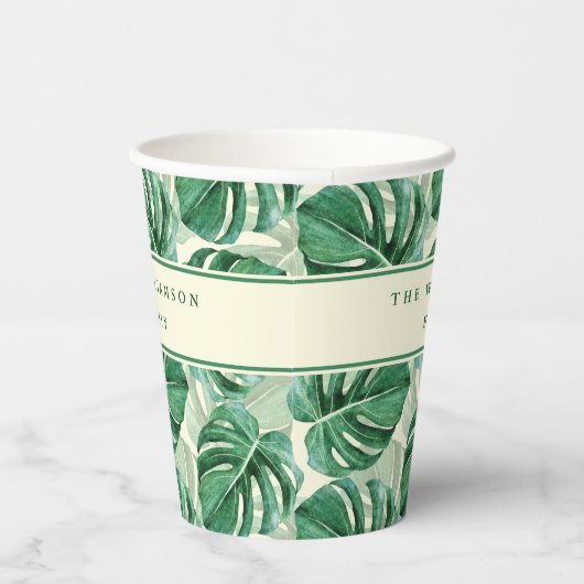 Monstera verlaat patroon zomerfeest monogram papieren bekers (Rechts)
