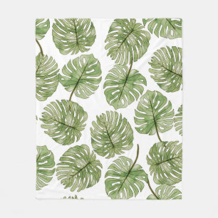 Monstera Waterverf Groene Tropische Bladeren Naadl Fleece Deken