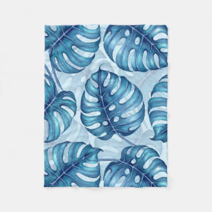 Monstera waterverf patroon blauw fleece deken