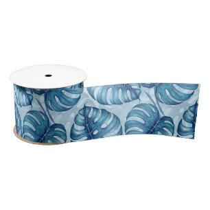 Monstera waterverf patroon blauw lint