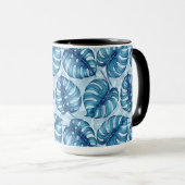 Monstera waterverf patroon blauw mok (Voorkant rechts)