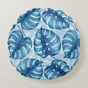 Monstera waterverf patroon blauw rond kussen