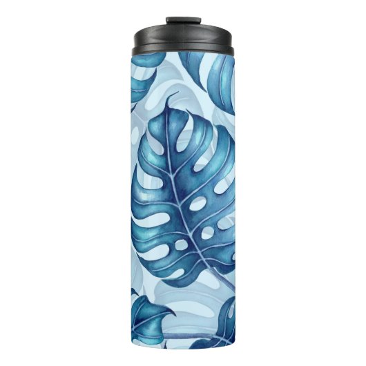 Monstera waterverf patroon blauw thermosbeker (Voorkant)