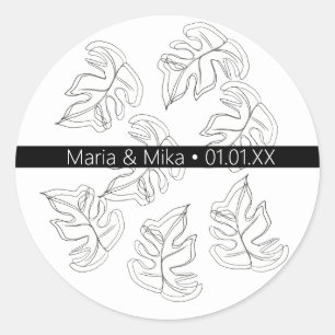Monstera Zwart Wit Botanische Bruiloft Ronde Sticker