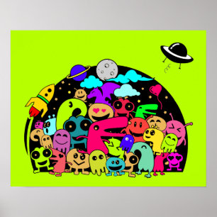 Monstercreaties in ruimtevervormend ontwerp poster