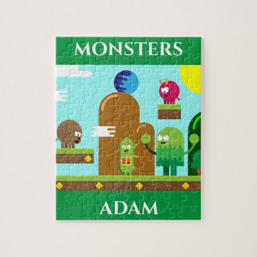 Monsters puzzel met de naam van het kind. (Verticaal)