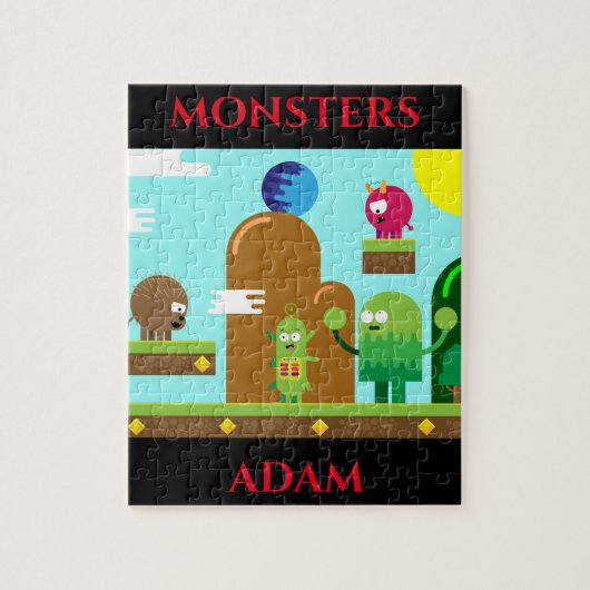 Monsters puzzel met de naam van het kind. (Verticaal)