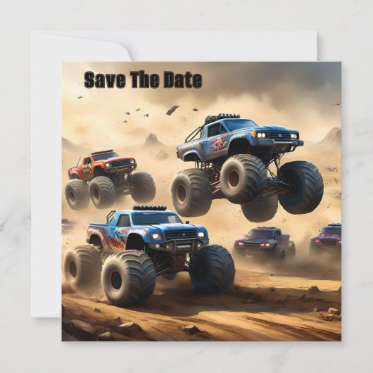 Monstertrucks racen in de woestijn, save the date (Voorkant)