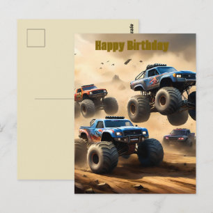 Monstertrucks racen in de woestijn, verjaardagsans briefkaart