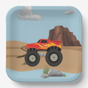 Monsterwielen oranje, geel, rood papier bord