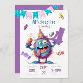 Monstre coloré Invitation d'anniversaire de quatre (Devant / Derrière)