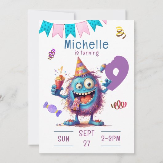Monstre Coloré Neuf Anniversaire Invitation (Devant)