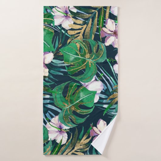 Monstre d'or Tropical Green Lilac Feuilles Floral (Serviette de bain)