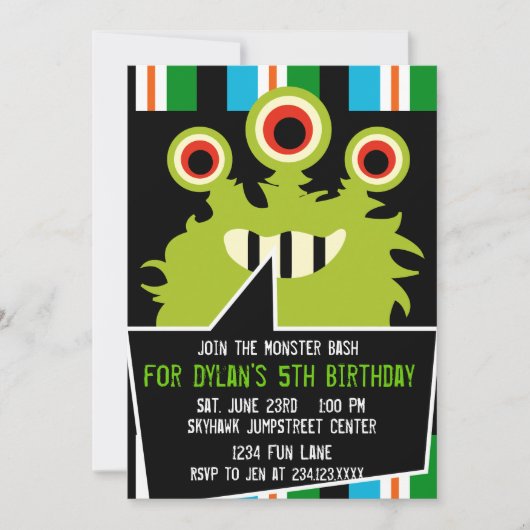 Monstre vert coloré Invitations de fête d'annivers (Devant)