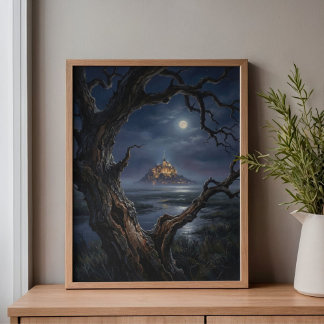 Mont Saint-Michel Moonlit Abbey Art Canvas Afdruk