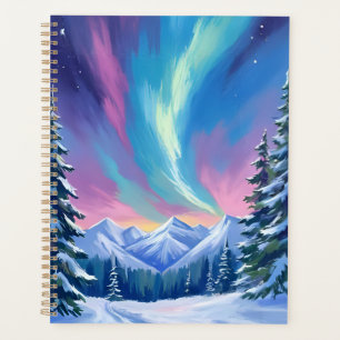 Montagne aquarelle aurore boréale nuit d'hiver