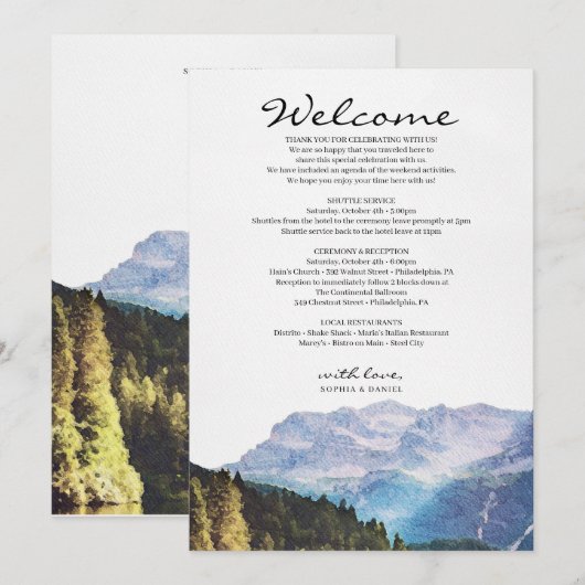 Montagnes Aquarelle Mariage Programme de Bienvenue (Devant / Derrière)