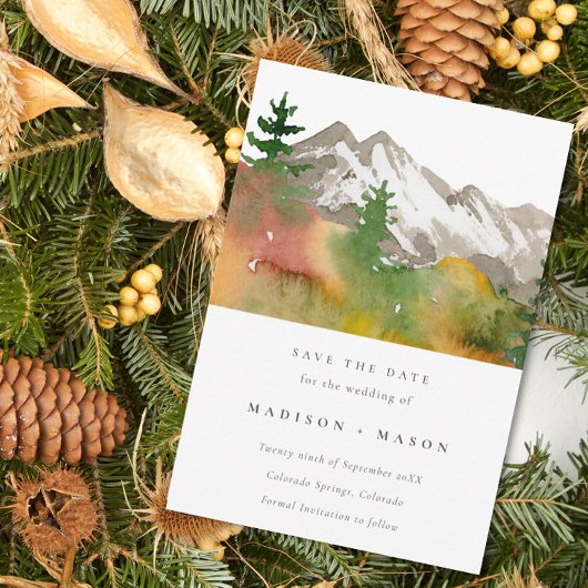Montagnes d'aquarelle d'automne Pins Save the Date