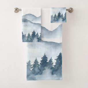 Montagnes et arbres à l'aquarelle bleue