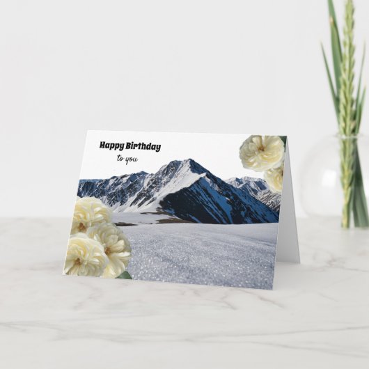 Montagnes et fleurs blanches Carte d'anniversaire (Devant)