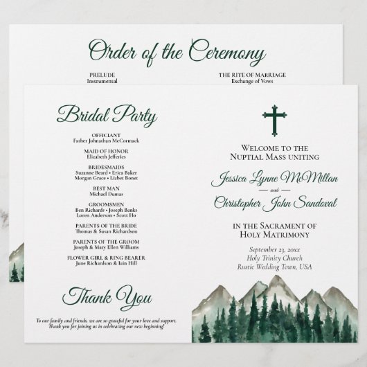 Montagnes & Pin DIY Programme de Mariage Catholiqu (Devant / Derrière)