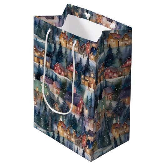 Montana Kerst op Midnight Street Waterverf Medium Cadeauzakje (Voorkant Gekanteld)