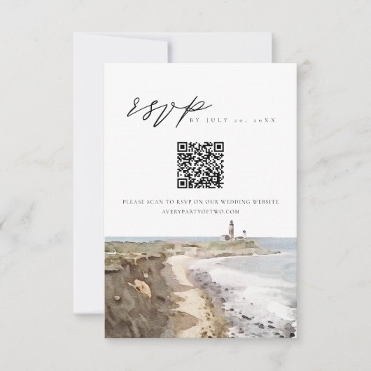 MONTAUK New York Waterverf QR Code RSVP Card Kaart (Voorkant)