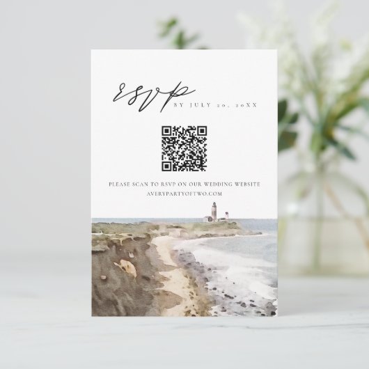 MONTAUK New York Waterverf QR Code RSVP Card Kaart (Staand voorkant)