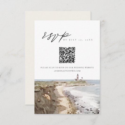 MONTAUK New York Waterverf QR Code RSVP Card Kaart (Voorkant / Achterkant)
