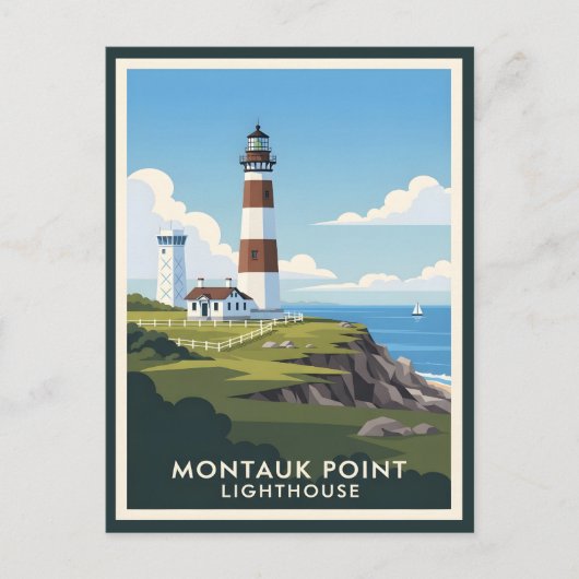 Montauk Point Lighthouse, Coastal Cliff & Sailboat Briefkaart (Voorkant)