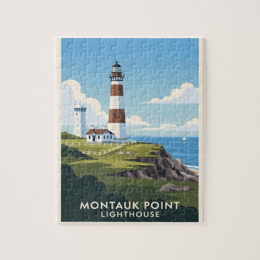 Montauk Point Lighthouse, Coastal Cliff & Sailboat Legpuzzel (Verticaal)