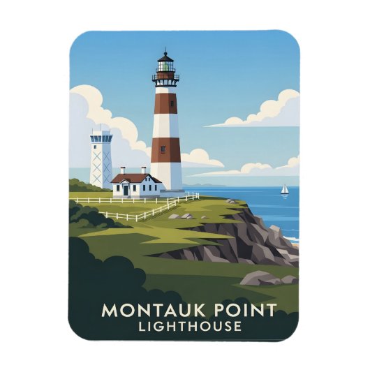 Montauk Point Lighthouse, Coastal Cliff & Sailboat Magneet (Verticaal)