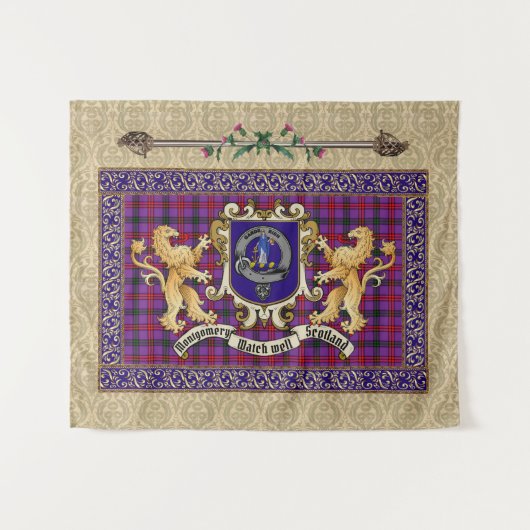 Montgomery Clan Badge & Tartan met leeuwen Wandkleed (Voorkant (horizontaal))