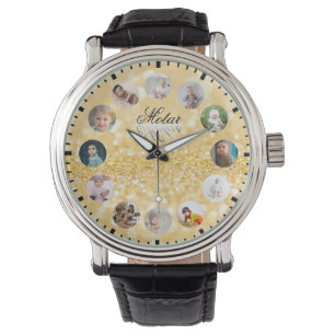 Montre 12 Photos collage de style doré Horloge