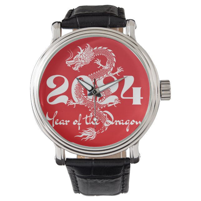 Montre 2024 année du dragon rouge blanc (devant)