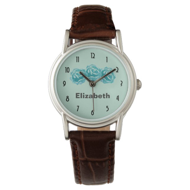 Montre 3 Roses Turquoises d'aquarelle sur fond vert de la (devant)