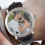 Montre 3e anniversaire du Mariage Photo Leather Watch<br><div class="desc">Montre en cuir personnalisée pour votre 3ème anniversaire de mariage (ou personnalisez pour tout ce que vous voulez!). Le modèle est configuré pour que vous puissiez ajouter votre propre photo et vous pouvez également modifier tout le texte si vous le souhaitez. Le libellé est placé sur une bordure semi-transparente superposée...</div>