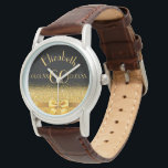 Montre 60e anniversaire noir or monogramme élégant<br><div class="desc">Élégant, classique, glamour et féminin. Un arc et un ruban doré à la parties scintillant dorée et brillant, un peu de bling et de luxe pour un anniversaire. Arrière - plan noir. Modèles pour son nom, son âge, sa date de naissance et sa date anniversaire. Une montre cadeau anniversaire pour...</div>