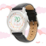 Montre 70e anniversaire Gift Motivational Floral Femme<br><div class="desc">Montre fleurie à 70e anniversaire pour une femme célébrant 70 ans. Une citation drôle et motivante 70 alors quoi! est parfait pour une personne positive avec un sens de l'humour. Fleur motif avec fleurs simples rose et jaune sur blanc. Grand comme cadeau d'anniversaire pour une femme. Vous pouvez modifier le...</div>