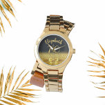 Montre 70e anniversaire noir or nom élégant arc<br><div class="desc">Élégant, classique, glamour et féminin. Un faux arc et ruban couleur or, un peu de bling et de luxe pour un cadeau d'anniversaire ou de garde. Arrière - plan noir. Modèles pour son nom, et l'âge de 70 ans. Le nom est écrit avec un script de style moderne écrit à...</div>