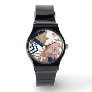 Montre 80s Abstrait tendance Monogramme d'or marine et