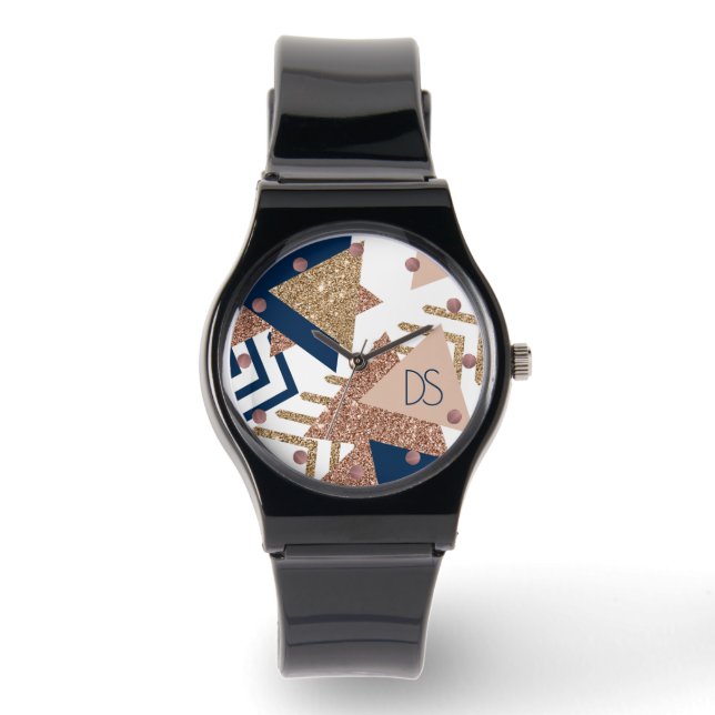 Montre 80s Abstrait tendance | Monogramme d'or marine et  (Recto)