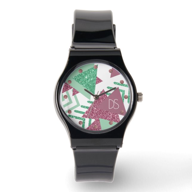 Montre 80s Abstraits frais | Monogramme rose et vert (Recto)