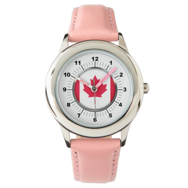 Montre à bracelet en cuir rose du drapeau canadien (devant)