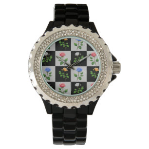 Montre à damiers multicolore Rose Floral Design