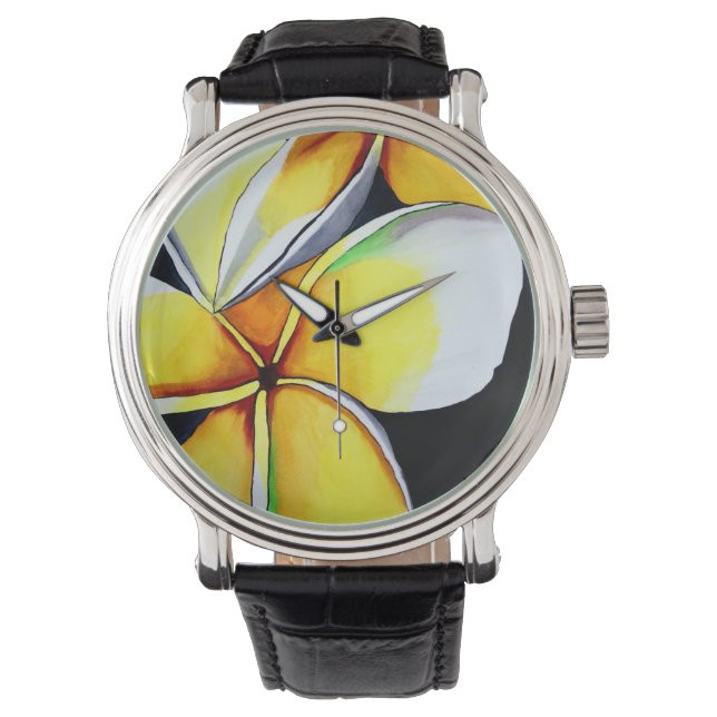 Montre à fleurs Frangipani par Sacha Grossel Art (devant)